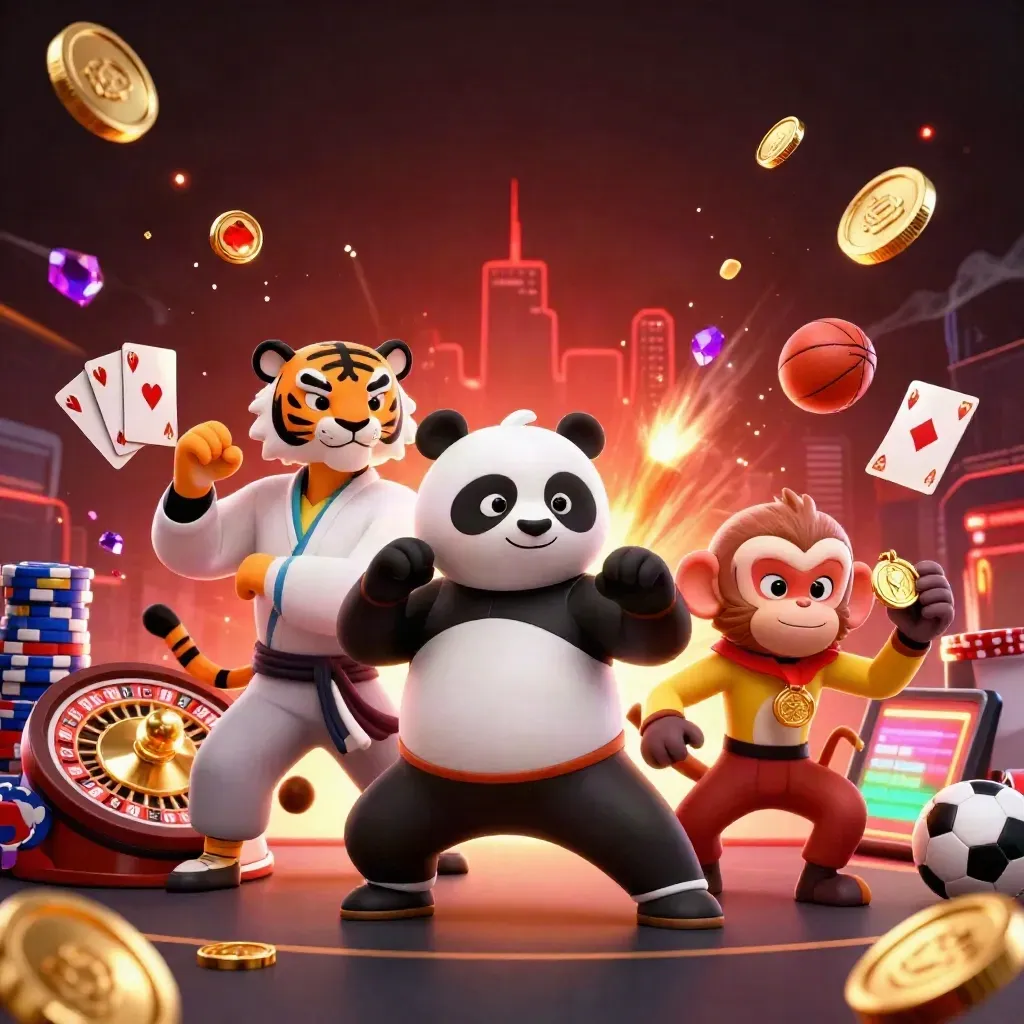 Kung-fu tiger, panda, and monkey amid casino chips, roulette, coins, and sports balls