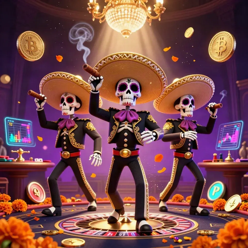 Skeleton mariachi trio amid casino glow, crypto coins, petals, and neon purple luxury lighting.