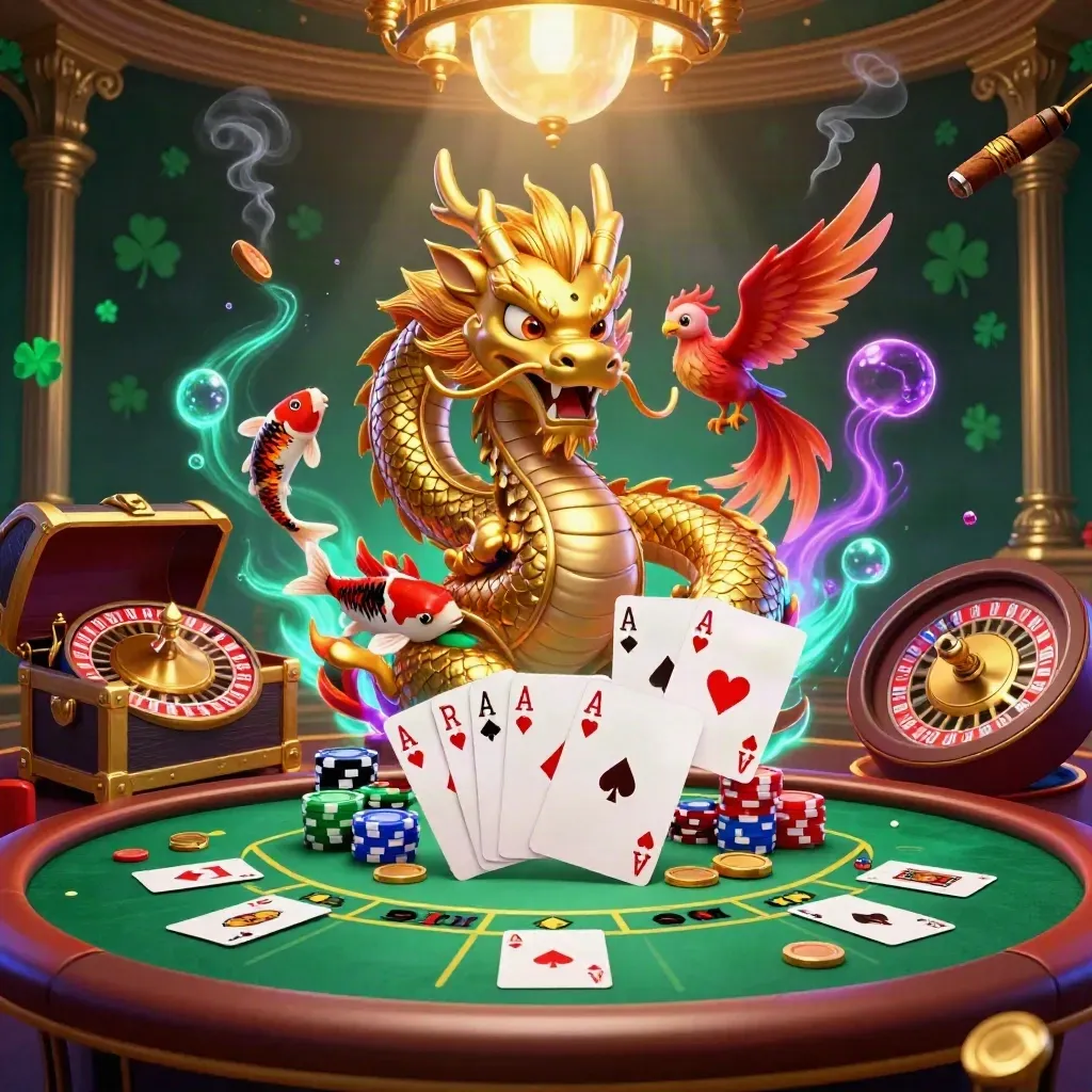 Golden dragon, phoenix, and koi in a glowing luxury casino scene with cards, chips, and roulette
