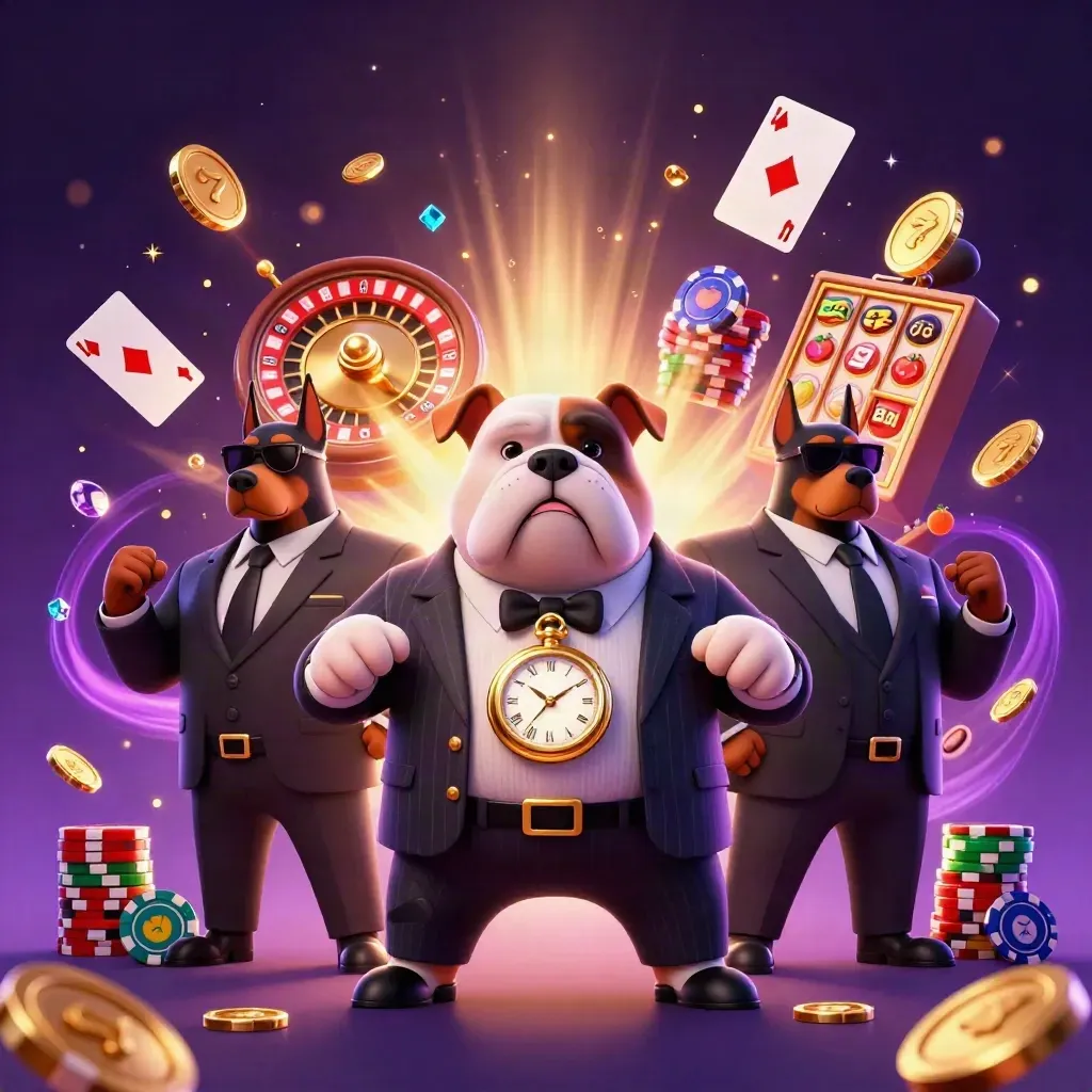 Bulldog mob boss with two Doberman guards amid gold coins, gems, chips, and a spinning roulette wheel