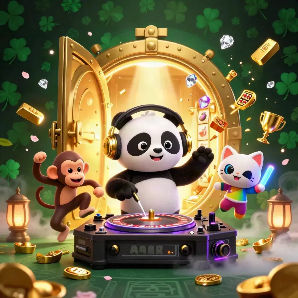 DJ panda, dancing monkey, and glow-stick kitten explode out of a treasure vault with gold, gems, and neon casino effects.