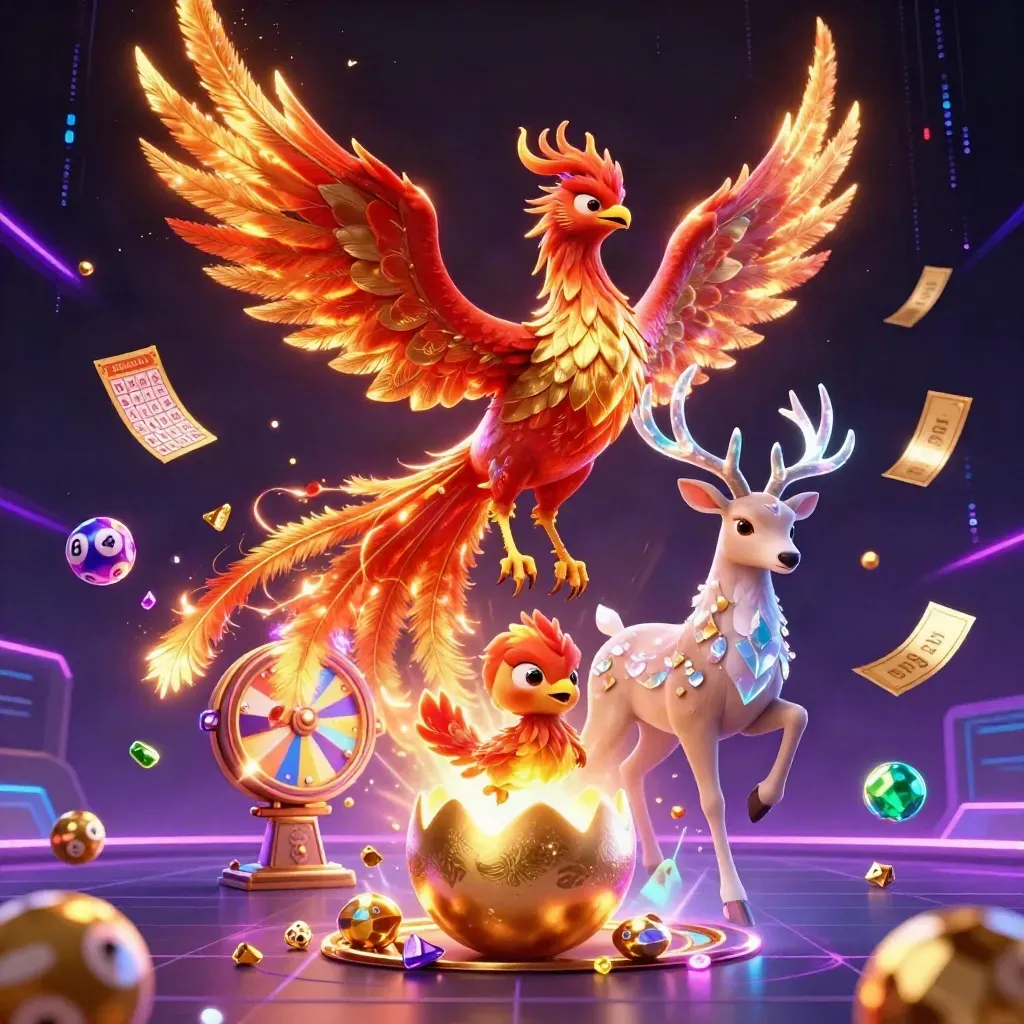 Fire phoenix, hatching egg, and crystal stag burst with purple energy on a dark neon casino backdrop