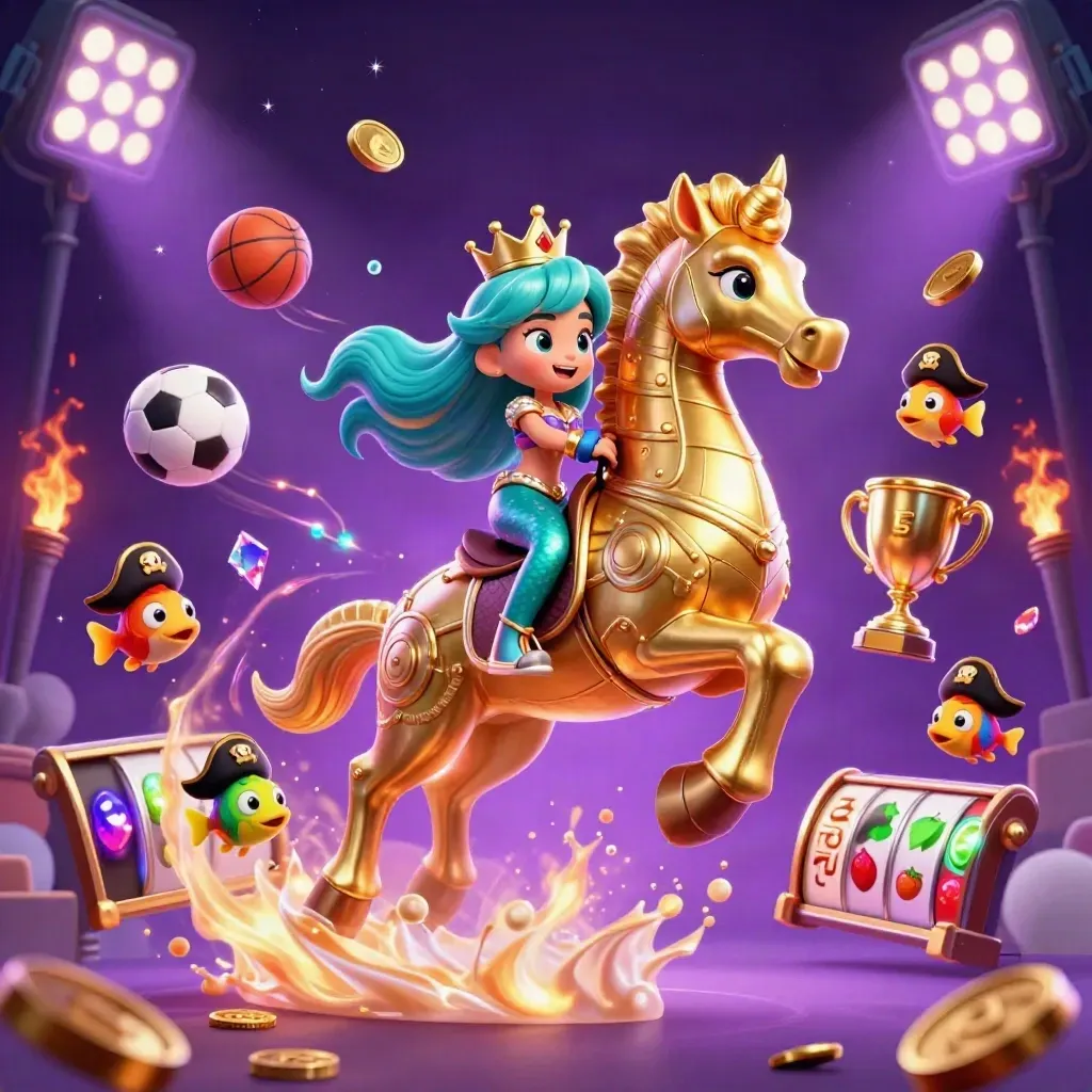 Mermaid princess on a golden seahorse amid pirate fish, sports balls, coins, and casino glow.
