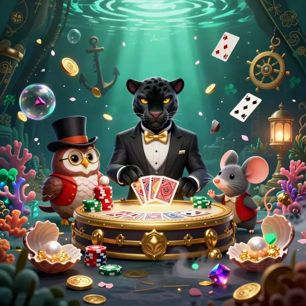 Panther, owl, and mouse in tuxedo-casino key art amid underwater treasure, gold coins, and neon glow.