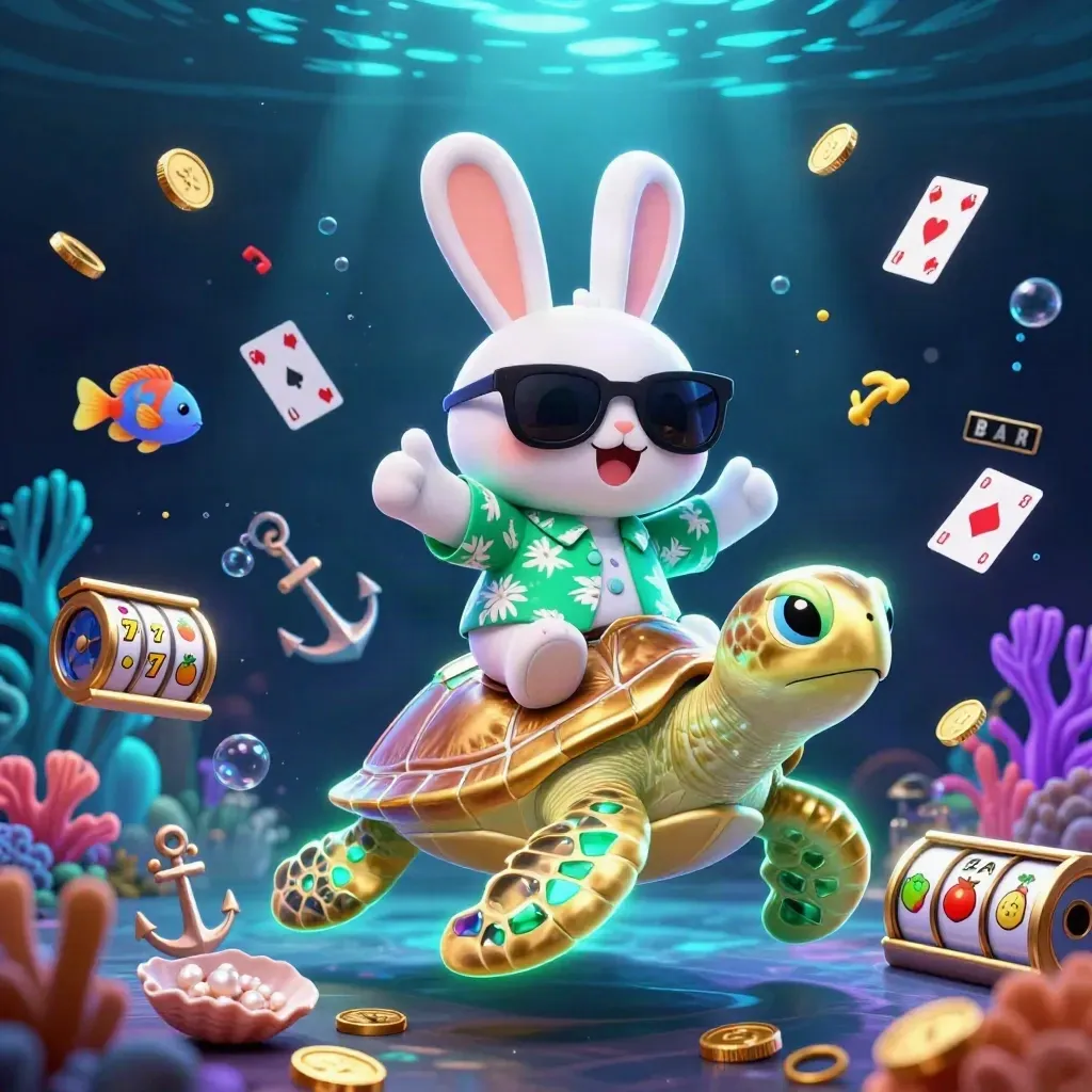 Rabbit in sunglasses rides a golden sea turtle underwater amid casino treasures and glowing bubbles.