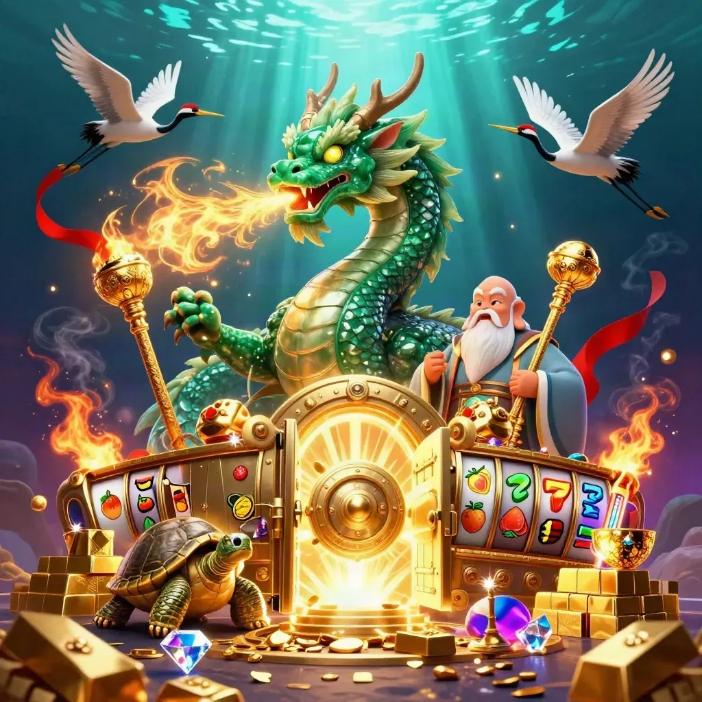Emerald dragon, turtle sage and cranes amid gold vault, reels, gems and underwater casino glow.